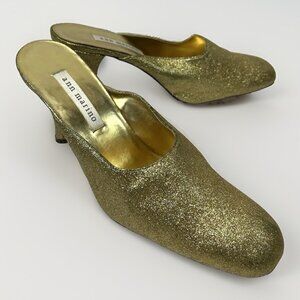 Ann Marino Gold Sparkle Almond Toe Block Heel Shoes Womens 10